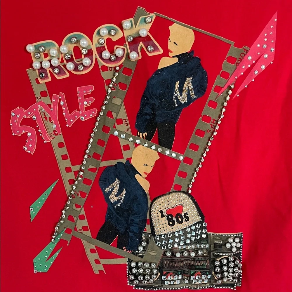 Vintage Rock Style Sleeveless Red Shirt Sheer back. Sequins & Rhinestones - Picture 4 of 17